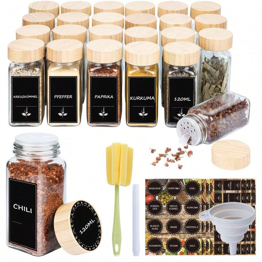 Soontrans-Lokale Gewürzdosen quadratisch 120 ml Gewürzdosen-Set mit 12 Stück, Holzdeckel mit Gewürzetiketten, Streueinsatz + weißer Kreidestift zum Beschriften, Silikon-Trichter + Reinigungsbürste