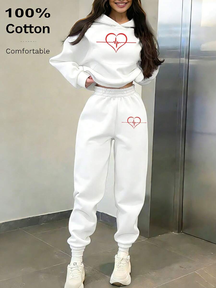 Women's Spring/Autumn Round-Neck, Long-Sleeved, Loose-Fit Hoodie And Trousers Two Pieces Set, Featuring A Heart-Shaped Print; 100% Cotton Women's Set - White - View 1
