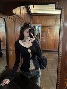 1 chiếc áo len dệt ren nữ, áo thun dài tay ôm dáng, áo lót mùa xuân - màu đen - Xem 3