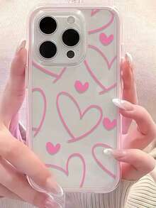1个粉色爱心可爱情侣图案新款二合一透明全包防摔时尚手机保护壳，兼容 11 12 13 14 15 16 17 Pro Max - 粉色 - 查看 4