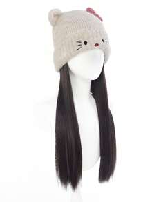 Long, Straight White Knitted Warm Hat Wig With Straight Hair Extensions, Cute Cat-Shaped Wig, Suitable For Girls. - Multicolor - View 10