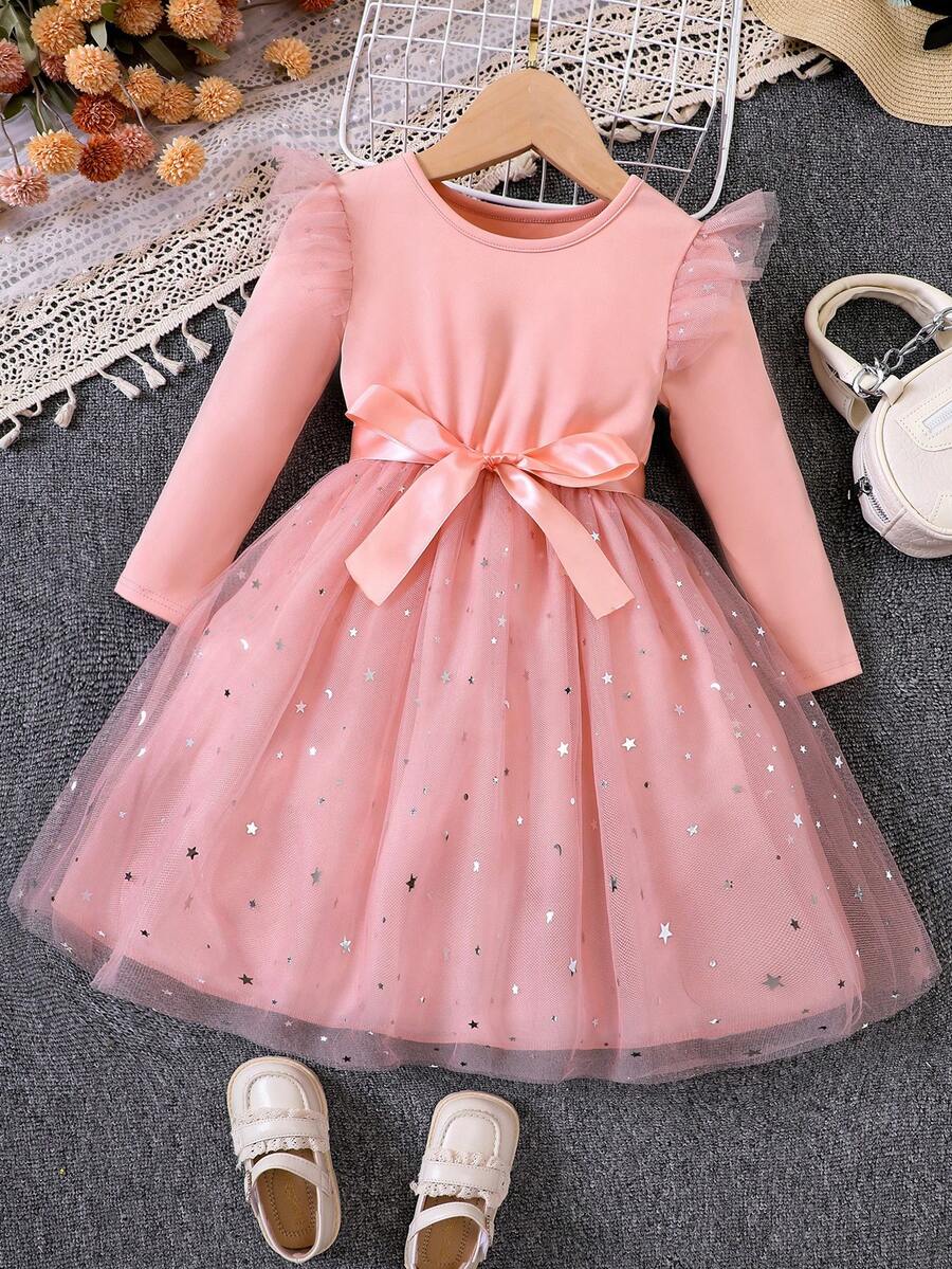 Young Girl Spring/Autumn Star & Mesh Contrast Long Sleeve Princess Dress - Pink - View 1