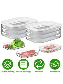 三层冰箱食物收纳盒，密封透明食物保鲜盒，切片食物冰箱收纳盒，防漏可重复使用食物保鲜盒，厨房收纳整理，适用于室内、室外、露营 - 彩色 - 查看 3