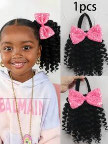 1pc ﻿Black Hair Curly Ponytail With Shiny Bow Elastic Extension Synthetic Hairpiece For Kids - Natural Black - View 13