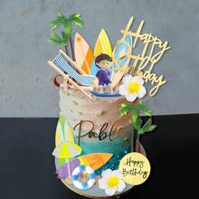 DRWATE Beach Summer Cake Decoration Surfboard Boy Palm Model Cake Decorations With Hibiscus Flower Cake Toppers For Swimming Beach Themed Party Ocean Baby Shower Party Supplies Surfboard