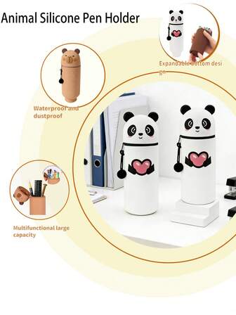 Estuche de lápices de silicona con diseño de panda lindo, cierre con cremallera, gran capacidad y expandible, soporte con forma de panda, adecuado para almacenar útiles de oficina y escolares, regalo con tema de panda para volver a la escuela, artículos de papelería, bolso