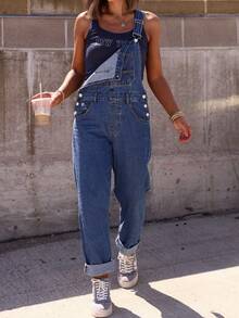 Women's Casual Denim Bib Overalls | With Pockets And Side Button Details, Adjustable Straps, Suitable For Gardening In Summer - Medium Wash - View 4