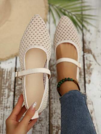 女士纯色平底鞋，透气针织尖头套脚鞋，轻便舒适