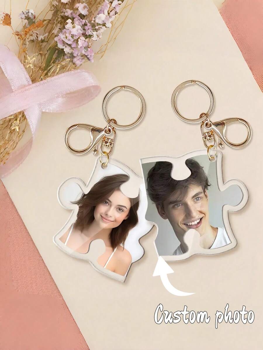 2 Peças Chaveiro Personalizado em Forma de Coração-Quebra-Cabeça - Imprima sua Foto em UV, Pingente de Acrílico Intertravado para Casais, Presente Romântico para o Dia dos Namorados/Aniversário, Decoração Fofa para Mochila/Telefone/Bolsa - Multicolorido - Visão 1