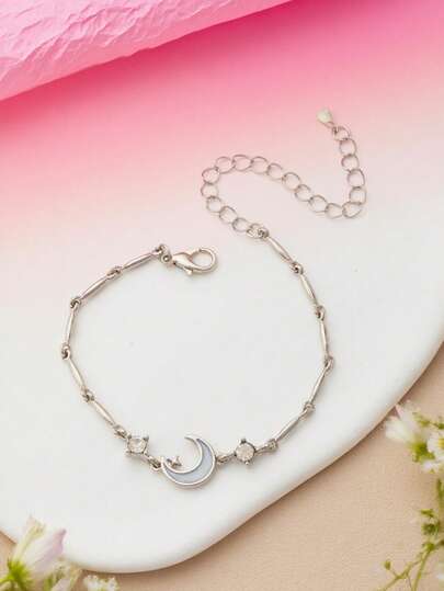 1pc Elegant Minimalist White Moonlight Moon Shaped Chain Bracelet For Women, Eid Al-Fitr