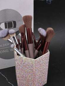 1pc Hexagon Rhinestone Makeup Brush Holder, Large Capacity, Multi-Color Rhinestone Encrusted Surface, Luxurious Sparkling Style, Fully Paved Pattern, Hexagonal Cylindrical Shape, Neat Edges And Details, Cosmetic Tool Container, Suitable For Bedroom Vanity, Dressing Room Desk, Etc.,Room Decor - Multicolor - View 4