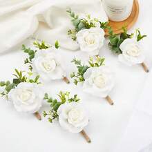 Meldel White Ivory Rose Wrist Corsage Boutonniere For Men Wedding Wrist Flower Corsage Hand Flower For Bride Bridesmaid Prom Decor Paty ,3Boutonnieres&3WristCorsagesWhite - 3枚胸花及3顆腕花 白色 - 查看 4