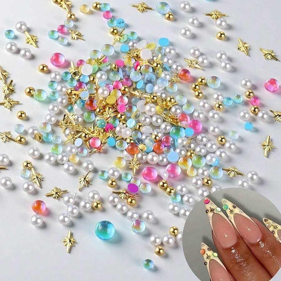 400PCS Colorful Bubble Beads Mermaid Nail Art Charms Aurora Pearls Candy Stone Mix Gold Stars Nail Art Rhinestone Half-Round Flat Back Gold Beads Nails Supplies For Women Manicure DIY Crafts Decor,Gold - 金子 - 查看 1