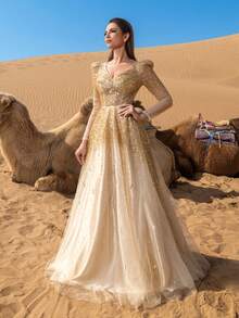 Faeriesty 女士优雅奢华露背薄纱袖串珠正式舞会礼服及晚礼服，情人节，新年夜