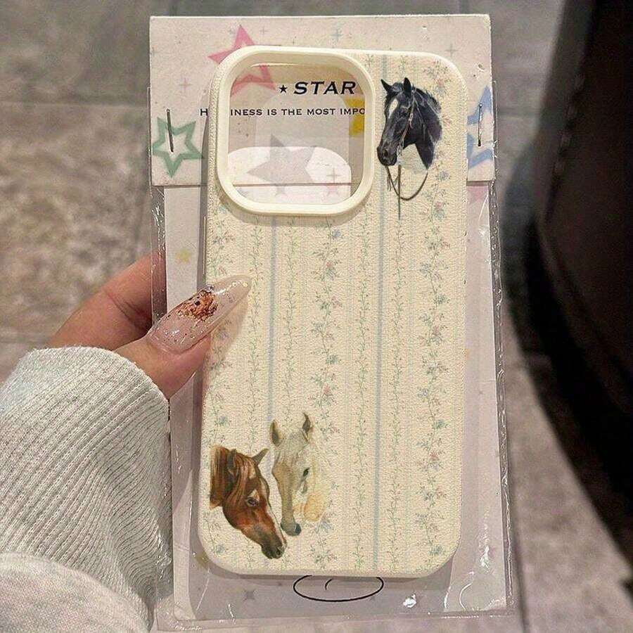 Floral Striped Horse Pattern Suitable For Iphone 16 Pro Max Phone Case, Compatible With For Iphone 17/15 Pro Max/14/16 Plus/15/13 Pro/12/11, Minimalist TPU, Shockproof, Stylish Protective Cover With High AestheticSuitable For IPhone 17 Air - 米色 - 查看 1