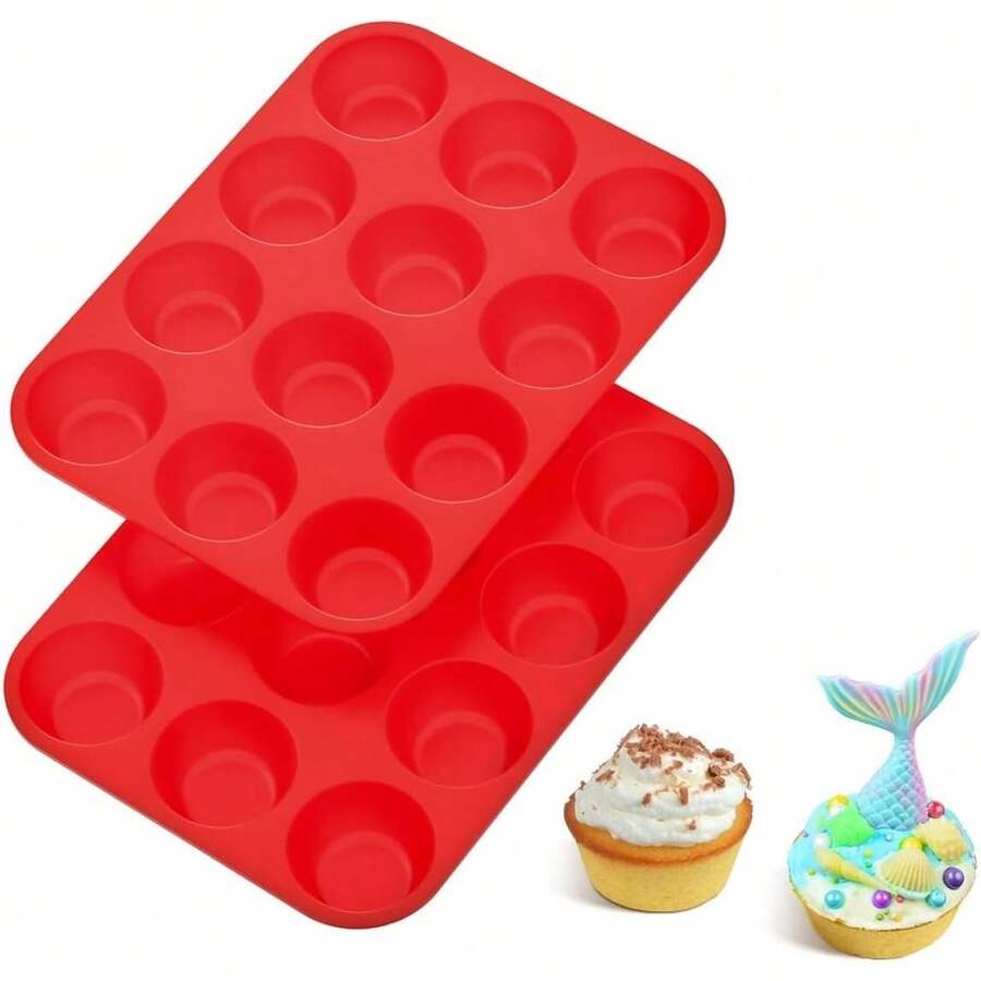 1pc 12-Cup Silicone Mold, Non-Stick Coating, Suitable For Baking Muffins, Cupcakes, Dishwasher & Microwave - Multicolor - View 1