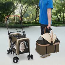 Double Pet Stroller With 2 Detachable Carrier Bags, 4 Lockable Wheels, Folding Cat & Dog Stroller For Small Medium Pets, Cats Dogs Puppy Travel Strolling Cart (Dark Green/Black) - 深綠色 - 查看 5