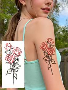 STARTTOOS 6PCS/1pc Multi-Specification Patterns Romantic Valentine's Day Temporary Tattoos, Rose/Rambling Rose Bouquet Pattern, Suitable For Wrists, Ankles, Chest, Abdomen, Back - DIY Daily Party Festival Gift, Waterproof Realistic Body Tattoo Stickers - Multicolor - View 5