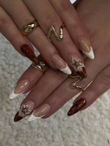 10片手工杏仁形琥珀豹纹渐变3D花朵美甲贴纸。这些精心制作的美甲贴纸采用手工雕刻的3D琥珀豹纹花朵，搭配手绘白色法式甲片和琥珀豹纹渐变效果。美甲用品 手工按压式美甲贴片 - 彩色 - 查看 9