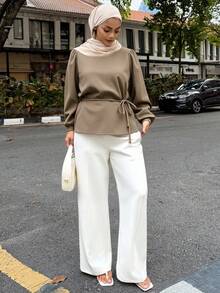 DAZY Áo sơ mi vải lanh tay dài cổ tròn tay bồng màu trơn dành cho nữ đi làm - màu nâu - Xem 5