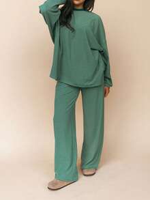 Women Casual Striped 2 Piece Lounge Set Long Sleeve Pullover Shirt Drawstring Wide Leg Pants Y2k Cute Loose Outfits - 綠色 - 查看 3