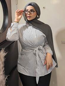 DAZY 女式系带腰部宽松条纹长袖衬衫 - 黑色 - 查看 4