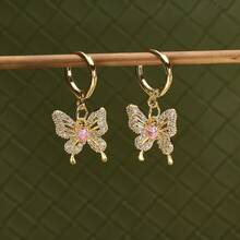 1 Pair Multi-Element Sweet Gold Earrings, Rose/Heart/LOVE/Butterfly Diamond-Studded Style, Daily Versatile Earrings