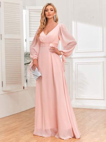 Elegant V-Neck Lantern Sleeve Chiffon Pink Bridesmaid Dress, Wedding Guest Dress, Suitable For Weddings, Galas, Graduations, Formal Dinners And Other Occasions.