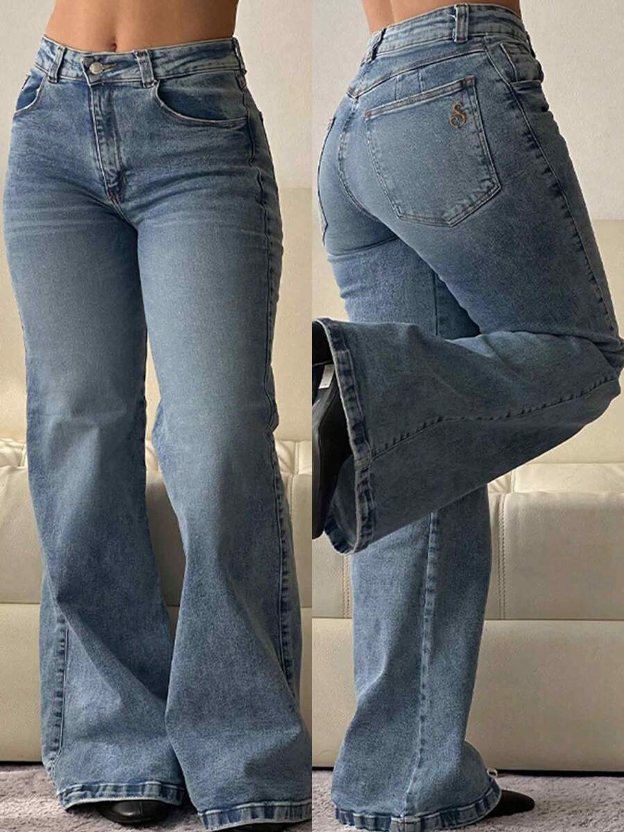 Women's Flare Jeans Mid Waist Baggy Wide Leg Jeans Loose Jeans 90s Denim Pants  Fall And Winter Clothes - 藍色 - 查看 1