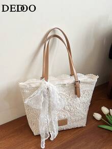 Lace Niche Design Fresh Literary Tote Bag With Bow, Fashionable And Simple Casual Handbag, Large Capacity And Highly Attractively Women's Shoulder Bag, Elegant Women's Underarm Bag, Suitable For Vacation Beach Commuting Daily Matching Photo Giving - White - View 10