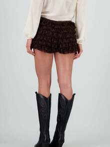 Shorts Mini con Volantes Múltiples de Encaje Marrón - Estilo Dulce y Retro para el Día a Día - Marrón - Ver 6