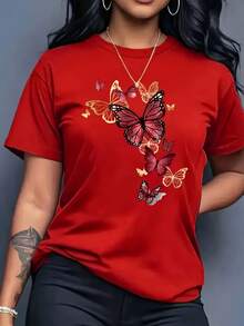 Camiseta Casual Gráfica Feminina de Manga Curta, Decote Redondo, Preta com Design Colorido.