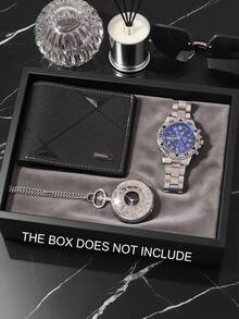 Bộ 3 món đồng hồ nam cao cấp bằng bạc, bao gồm một đồng hồ thạch anh mặt xanh dây kim loại bạc, một ví da dập nổi màu đen và một đồng hồ bỏ túi dây dài bằng bạc. - Bạc - Xem 11