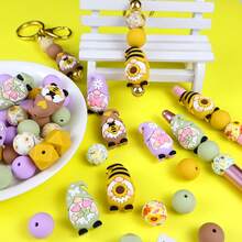 4/28/60pcs 3D Dwarf Beads DIY Craft Supplies - Spring Theme Silicone Focal Beads, Includes Sunflower, Daisy, Butterfly, Tulip, Bee & Cute Dwarf Head Shapes, Suitable For Pen Decor, Keychain Making (Loose Rubber Beads) - 春季矮人系列 - 查看 3