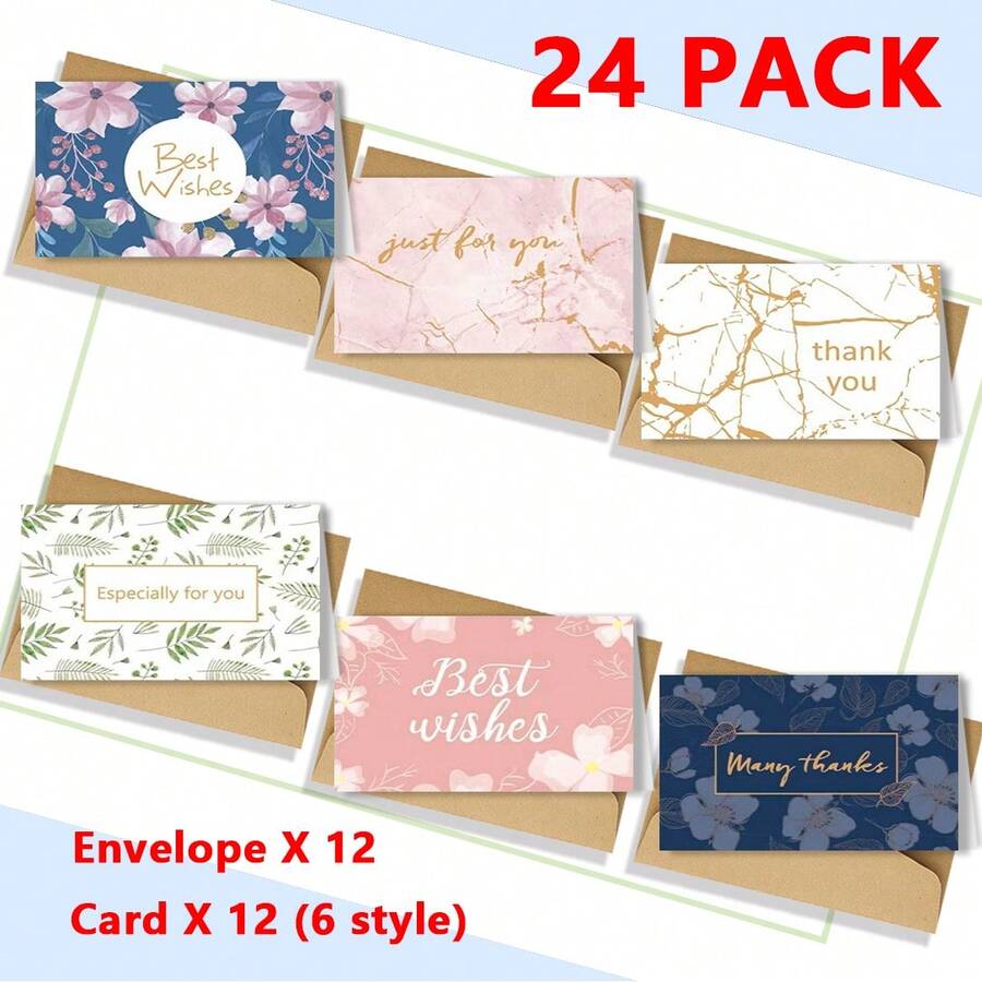 12张折叠贺卡套装（含12个信封），尺寸3.9x4.9英寸，6张不同花卉图案的空白贺卡及信封，适用于婴儿派对、婚礼感谢卡、成人及儿童空白贺卡、各种场合、节日文具、季节性问候，设计趣味，采用优质卡纸，包含信封。