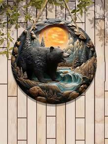 1pc Black Bear Shaped Round Wooden Sunlight Catcher (10 Inch X 10 Inch / 25 X 25 Cm, 12 Inch X 12 Inch / 30 X 30 Cm), Wreath Decor, With Logo Hanger, Room Decor, Elegant Home Decor, Bedroom Decor, Household Decor, House Decor, Holiday Decor, Decorative Gift - Multicolor - View 2