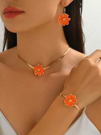 3pcs/Set New Creative Floral Drip Oil Middle Eastern Style Bracelet, Earrings, Necklace Set, Elegant Party Accessories