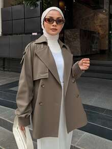 DAZY 休闲商务风格纯色女士宽松插肩袖风衣，秋季服装女士夹克 - 咖啡棕 - 查看 3