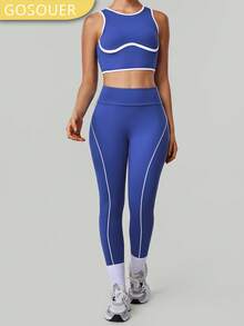 2 piezas Conjunto deportivo para mujer con bloques de color, sujetador deportivo con espalda descubierta de alta intensidad y leggings de yoga de cintura alta, ropa deportiva para todas las estaciones - Azul - Ver 11