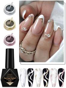 FOUR LILY 10ml Y2K Metallic Line Gel Nail Polish Set, Gold & Silver Ultra-Bright Mirror Line Gel Nail Polish, Semi-Permanent Line UV Gel Nail Art Paint, Suitable For French Manicure, Home Salon DIY Women's Gift - 金色 - 查看 5