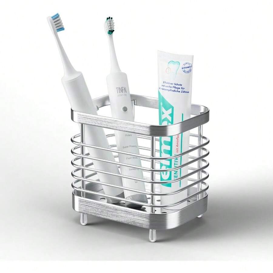 Giá đựng bàn chải đánh răng trong phòng tắm, hộp đựng bàn chải đánh răng bằng thép không gỉ, khay đựng kem đánh răng đặt trên bồn rửa, phụ kiện trang trí mặt bàn phòng tắm màu bạc. - Bạc - Xem 1