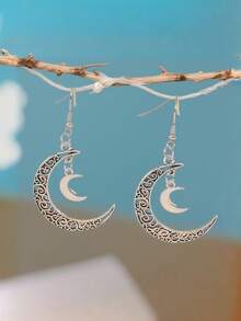 一对复古镂空月亮五芒星设计耳环，时尚复古五芒星月亮耳环 - 彩色 - 查看 2