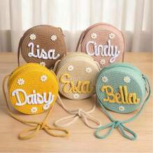 1pc Custom Straw Bag, Embroidered With Your Name, Crocheted Flower Crossbody Bag, Beach Bag, Women's Custom Zipper Coin Purse, Women's Straw Mini Crossbody Bag. - Multicolor - View 4