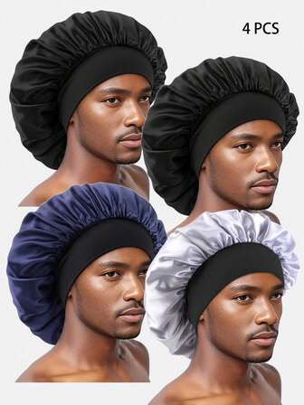 4pcs Men's Wide Brimmed Satin Sleep Cap, Suitable For Daily Use