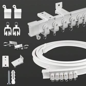 柔性窗帘轨道，可弯曲弧形安装于天花板或墙壁的滑动窗帘轨道，配有不锈钢窗帘夹，长度可选6.6/9.8/13.1/16.4英尺，适用于L型、U型、圆形淋浴帘轨道、房车窗帘轨道系统、房间隔断DIY。