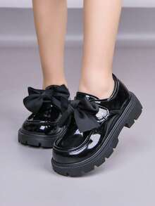 Girls' Elegant Comfortable Flat Shoes, Fashion Leather Bow Slip-On Loafers - Black - View 5