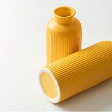 Modern Ceramic Vase Set, Yellow Ribbed Matte Design, 3-Piece Decorative Vases For Home, Living Room, Office (Yellow) - Yellow - View 5