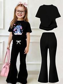 Young Girl Cartoon Print Short Sleeve T-Shirt And Skinny Flared Pants - Black - View 2