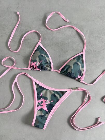 Bộ bikini 2 mảnh họa tiết quân đội, áo tam giác viền hồng nóng bỏng + quần buộc dây bên hông, đồ bơi cho kỳ nghỉ hè