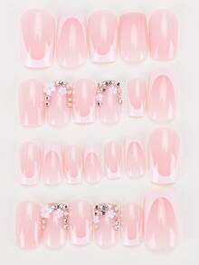 24 Móng Giả Ngắn Hình Vuông/Sử dụng các mẫu móng nghệ thuật kiểu Pháp được trang trí bằng hoa đính đá lấp lánh giúp tôn lên cá tính của bạn/Đi kèm với keo dán dạng gel và miếng dán, thích hợp để kết hợp, có thể tái sử dụng cho dụng cụ làm móng hàng ngày. - Nhiều màu - Xem 3